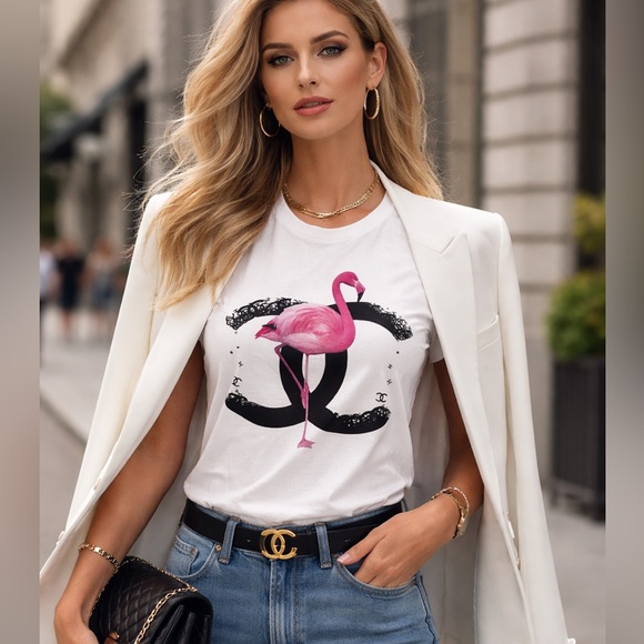 Gildan Tops - Chic Flamingo Influencer Graphic Tee | Luxury Inspired Logo | Effortless Chic